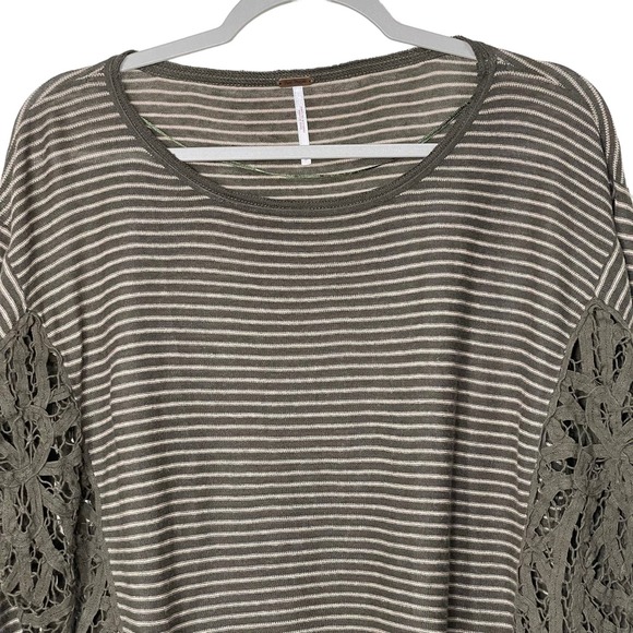 Free People Womens Olive Green Stripe Long Sleeve Lace Crop Oversize Top Size XS - Picture 2 of 8